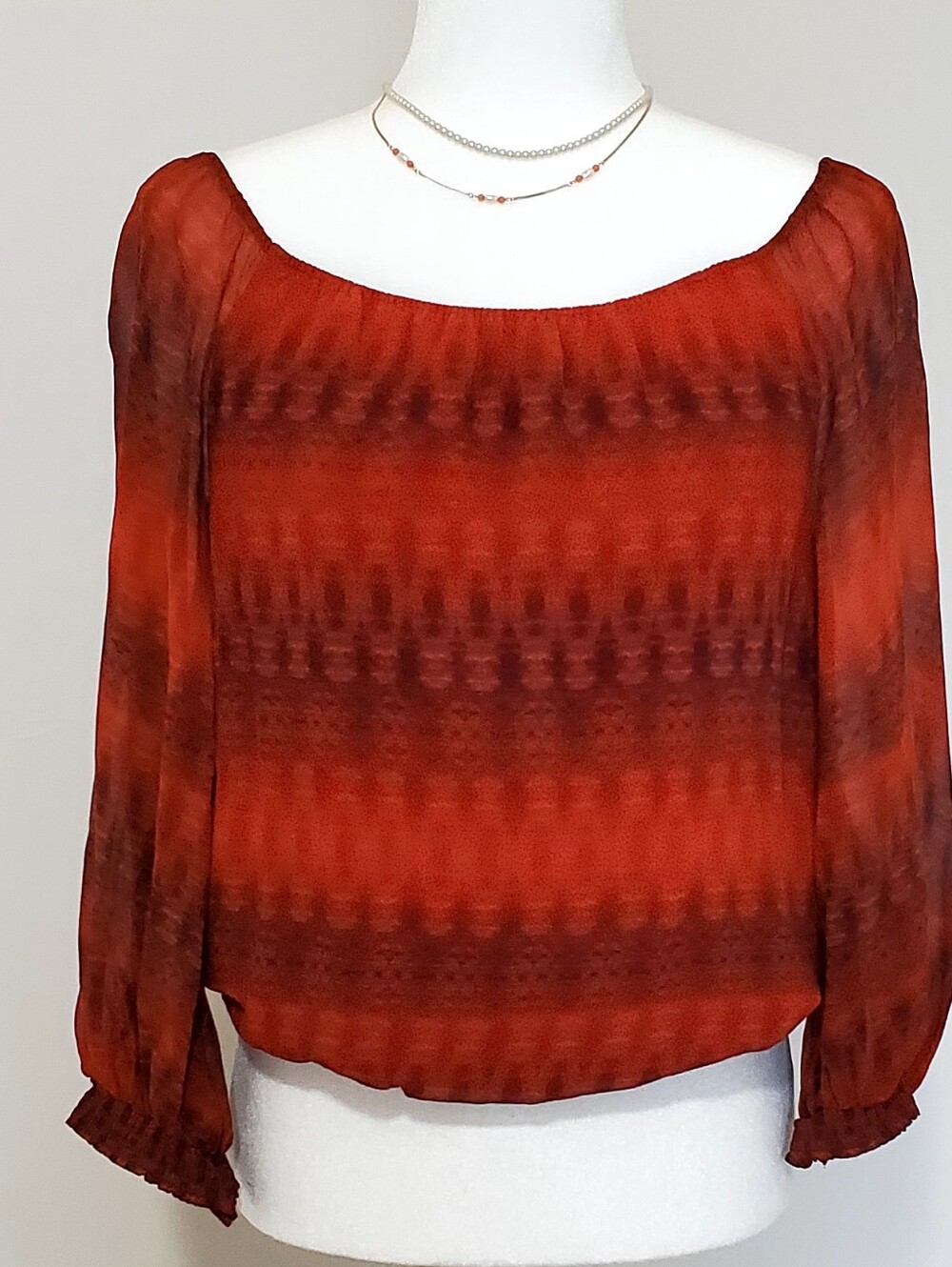 Alice+Olivia Brick/Black 100% Silk, Sheer Sleeves, Lined Bodice Peasant Top, Med